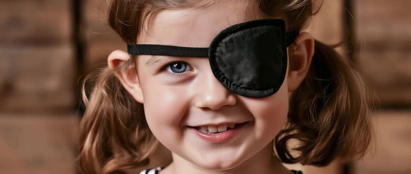 A child wearing an eye patch. eye treatment.