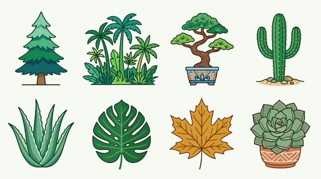 Conjunto de &iacute;cones vetoriais com diversas plantas, incluindo pinheiro, palmeiras, bonsai, cacto, aloe vera, folha de costela de ad&atilde;o, folha de bordo e suculenta em estilo ilustrativo.