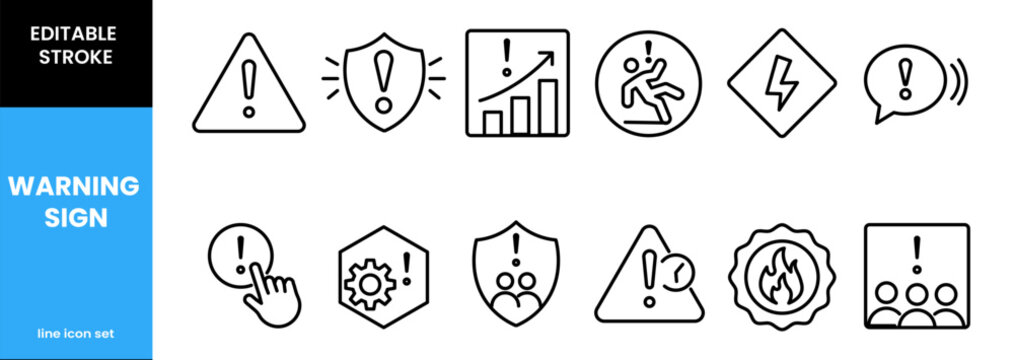 Warning signs and symbols line icon set with editable stroke
