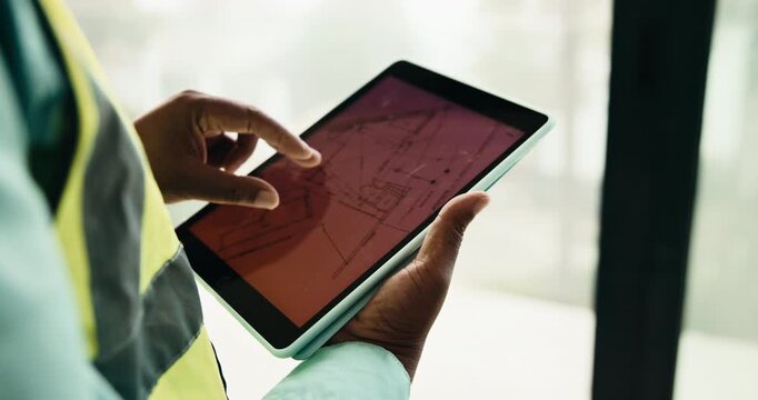 Person, architect and hands with tablet screen for blueprint, construction or building inspection. Civil engineer, contractor or checking floor layout with technology display for architecture project