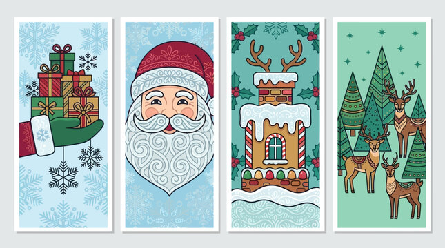 Conjunto de quatro banners verticais de Natal com ilustra&ccedil;&otilde;es planas de Papai Noel, renas na floresta, presentes e uma chamin&eacute; coberta de neve em um estilo art&iacute;stico festivo e colorido.