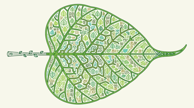 Illustration vectorielle d'une feuille de Bodhi stylis&eacute;e remplie de motifs de petites feuilles complexes dans des tons de vert sur un fond cr&egrave;me clair pour un design naturel.