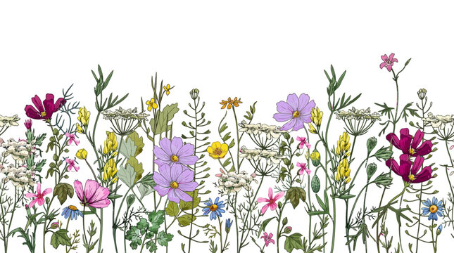 Borda horizontal sem costura com flores silvestres coloridas e plantas desenhadas &agrave; m&atilde;o em estilo aquarela bot&acirc;nica isoladas sobre um fundo branco limpo para design decorativo