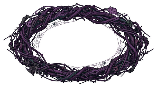 Couronne d&eacute;corative effrayante pour Halloween compos&eacute;e de branches entrelac&eacute;es violettes et noires avec des toiles d'araign&eacute;es et des araign&eacute;es isol&eacute;e sur un fond blanc