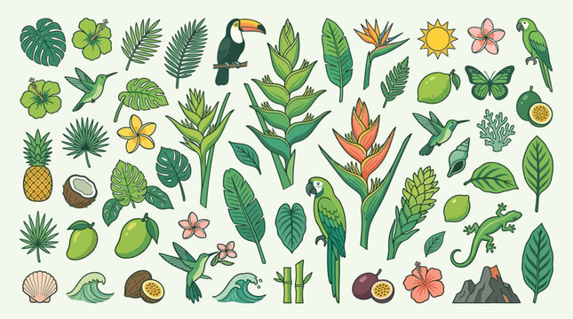 Conjunto de ilustra&ccedil;&otilde;es vetoriais desenhadas &agrave; m&atilde;o com elementos tropicais, incluindo p&aacute;ssaros ex&oacute;ticos, flores vibrantes, folhas de palmeira, frutas frescas e animais da floresta.