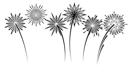 Obraz premium Ensemble de fleurs stylisées en noir et blanc avec des tiges courbes et des motifs floraux géométriques complexes sur un fond blanc pur pour le design graphique.