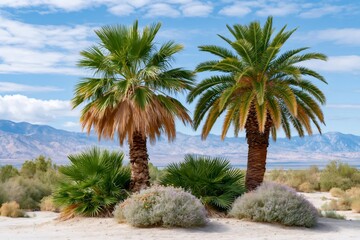 Fototapeta premium Two palm trees standing in desert oasis landscape