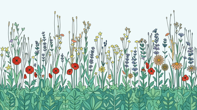 Eine wundersch&ouml;ne, flache Illustration einer Sommerwiese mit bunten Wildblumen, Mohnblumen und Lavendel vor einem hellen, neutralen Hintergrund mit viel Platz f&uuml;r Text.