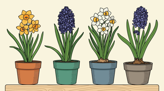 Illustration vectorielle de quatre pots de fleurs printani&egrave;res color&eacute;es, incluant des jonquilles jaunes et blanches et des jacinthes violettes, dispos&eacute;es sur une &eacute;tag&egrave;re en bois.
