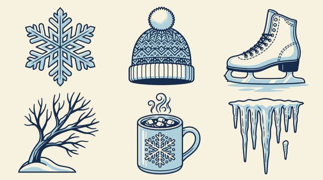Conjunto de ilustra&ccedil;&otilde;es vetoriais de inverno com floco de neve, gorro de l&atilde;, patins de gelo, &aacute;rvore sem folhas, x&iacute;cara de chocolate quente e pingentes de gelo em estilo gr&aacute;fico.