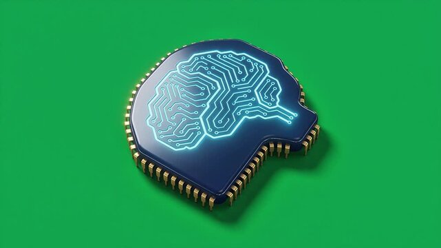 3D Animation of Artificial Intelligence Brain Circuit Chip Neural Network Technology Concept on Green Screen Background