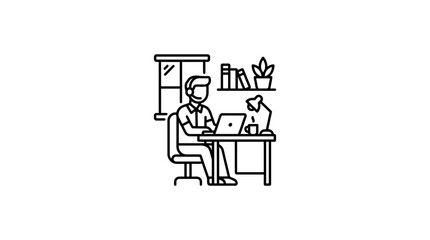 Naklejka premium Office employee working at desk with laptop line art.