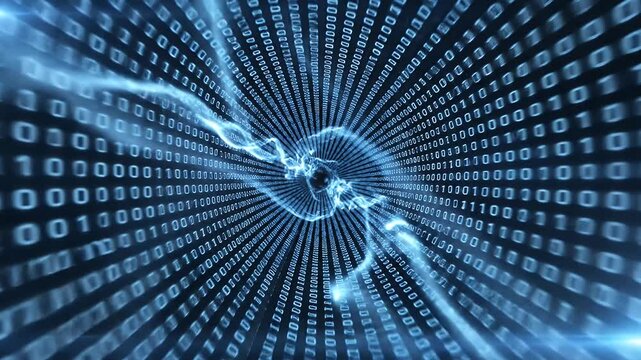 Digital Tunnel with Electric Energy Burst - A digital tunnel formed by streams of binary code, with a bright blue electric energy burst at its center.