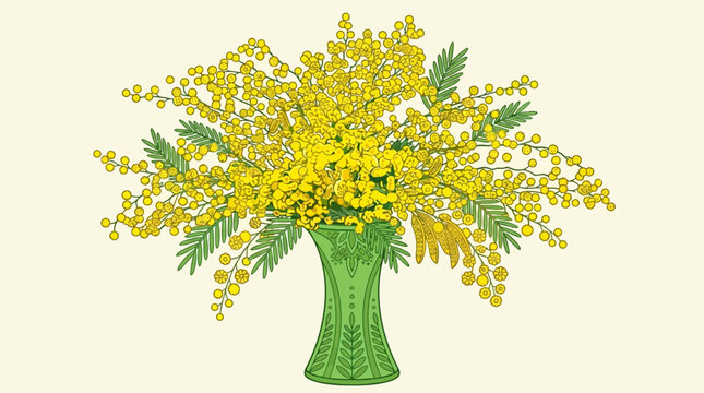 Un magnifique bouquet de fleurs de mimosa jaune vif dispos&eacute; dans un vase en verre vert textur&eacute; sur un fond cr&egrave;me clair, id&eacute;al pour les d&eacute;corations printani&egrave;res.