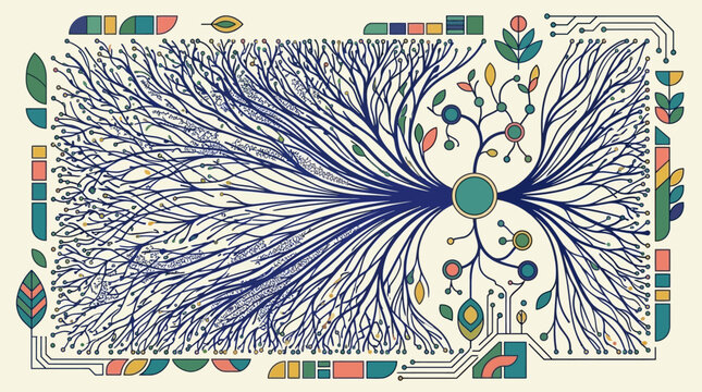Ilustraci&oacute;n vectorial abstracta que representa una red neuronal compleja con ramas org&aacute;nicas similares a &aacute;rboles y circuitos electr&oacute;nicos integrados en un dise&ntilde;o sim&eacute;trico y colorido.