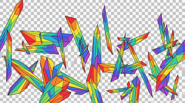 Conjunto de cristales geom&eacute;tricos abstractos con colores vibrantes del arco&iacute;ris sobre un fondo transparente, ideal para dise&ntilde;os creativos y elementos decorativos modernos.