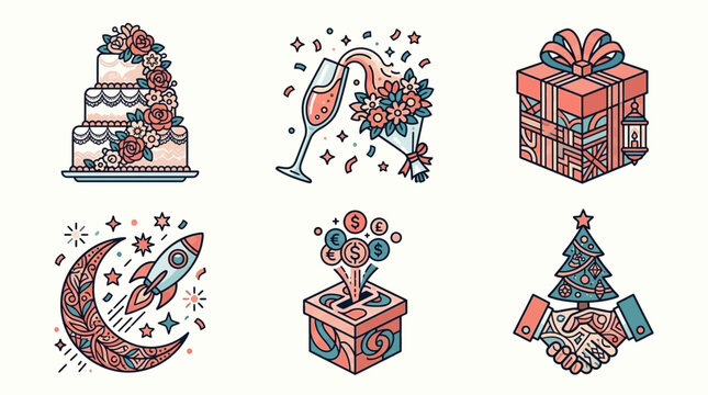 Eine Sammlung von sechs flachen Vektor-Symbolen mit festlichen Motiven wie Hochzeitstorte, Champagner, Geschenkbox, Rakete, Spendenbox und H&auml;ndesch&uuml;tteln mit Weihnachtsbaum.