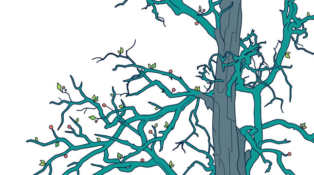 Ilustraci&oacute;n vectorial de un &aacute;rbol estilizado con ramas de color turquesa y tronco gris sobre un fondo blanco limpio, ideal para dise&ntilde;o gr&aacute;fico y proyectos creativos.