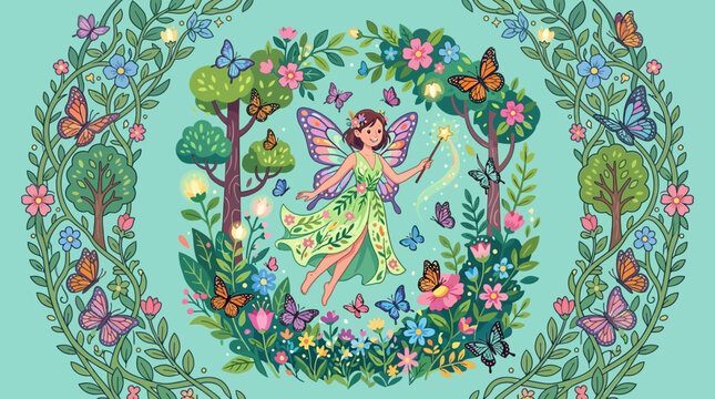 Illustration vectorielle d'une f&eacute;e magique avec des ailes color&eacute;es tenant une baguette dans une for&ecirc;t enchant&eacute;e entour&eacute;e de fleurs, de papillons et d'un cadre de feuillage luxuriant