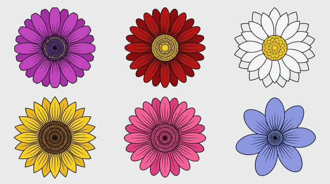 Eine Sammlung von sechs verschiedenen bunten Blumen-Illustrationen im flachen Vektor-Stil, angeordnet auf einem hellgrauen Hintergrund f&uuml;r grafische Designprojekte.