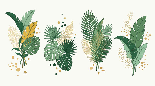 Conjunto de quatro arranjos bot&acirc;nicos com folhas tropicais desenhadas &agrave; m&atilde;o, incluindo palmeiras e costela-de-ad&atilde;o em tons de verde e dourado sobre um fundo claro elegante.