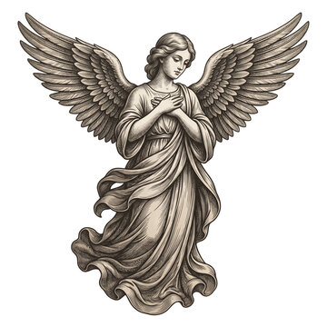 Elegant vintage style illustration of a guardian angel with outspread wings