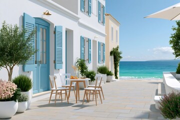 Fototapeta premium Santorini style architecture by Mediterranean sea vacation