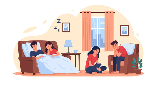 Group of people feeling tired and sleepy while resting in different areas of a cozy home interior