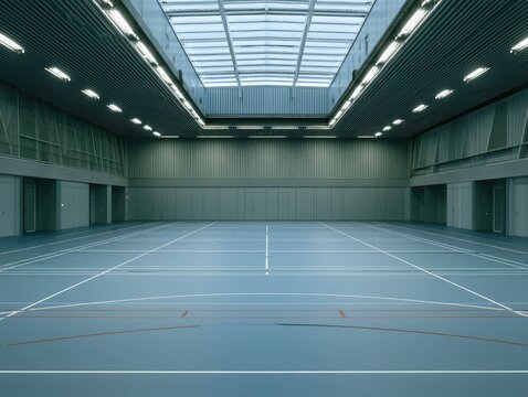 Modern Indoor Tennis Court with High Ceiling and Overhead Lighting