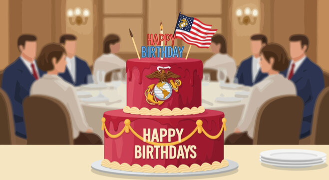 Marine Corps Birthday Cake Celebration with American Flag and Emblem