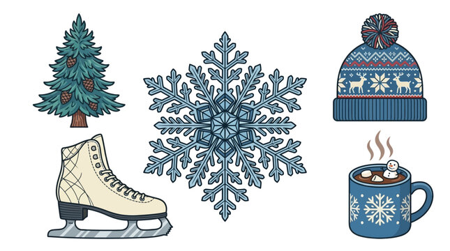 Conjunto de iconos de invierno con un copo de nieve detallado, un pino, un gorro de lana, un pat&iacute;n de hielo y una taza de chocolate caliente sobre un fondo blanco aislado