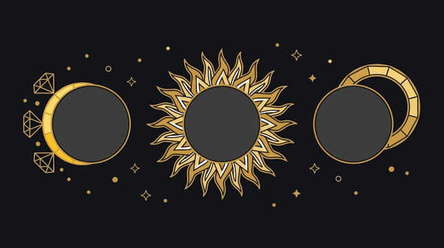 Ilustraci&oacute;n vectorial de estilo m&iacute;stico con fases lunares, sol radiante y diamantes sobre un fondo negro oscuro, ideal para dise&ntilde;os esot&eacute;ricos, astrolog&iacute;a y decoraci&oacute;n celestial.