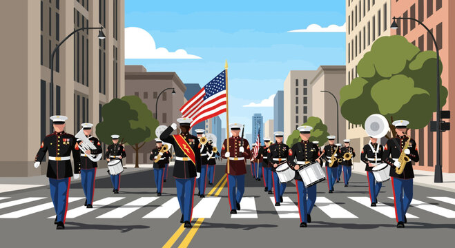 United States Marine Corps Band Marches in a Patriotic City Parade with American Flag and Instruments