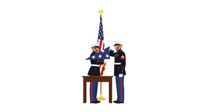 United States Marines in uniform folding the American flag during a solemn ceremony