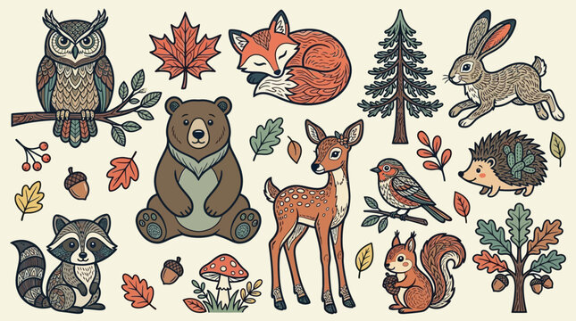 Set di illustrazioni vettoriali con animali del bosco selvatico, tra cui orso, volpe, cervo, gufo, procione, scoiattolo e riccio, decorato con foglie autunnali, alberi e funghi in stile cartoon.