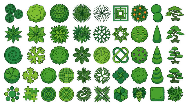 Conjunto de iconos vectoriales de &aacute;rboles y arbustos vistos desde arriba para dise&ntilde;o arquitect&oacute;nico, paisajismo y planos de planta de jardines con una variedad de formas y estilos bot&aacute;nicos.