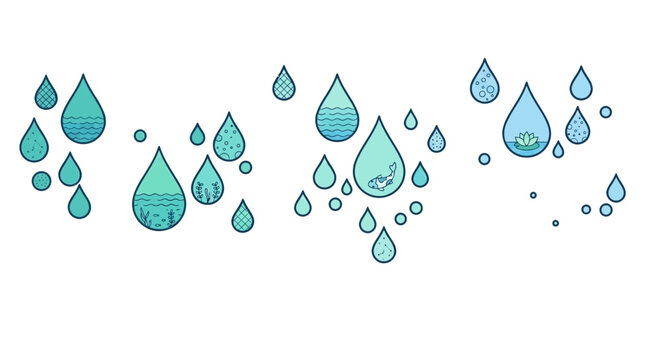 Ensemble d'ic&ocirc;nes vectorielles de gouttes d'eau stylis&eacute;es avec des motifs marins et aquatiques vari&eacute;s, isol&eacute;es sur un fond blanc pour des projets de design graphique cr&eacute;atifs.