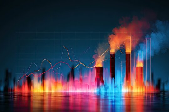 Industrial Factory with Smoke Emissions and Data Analysis Graphs at Night