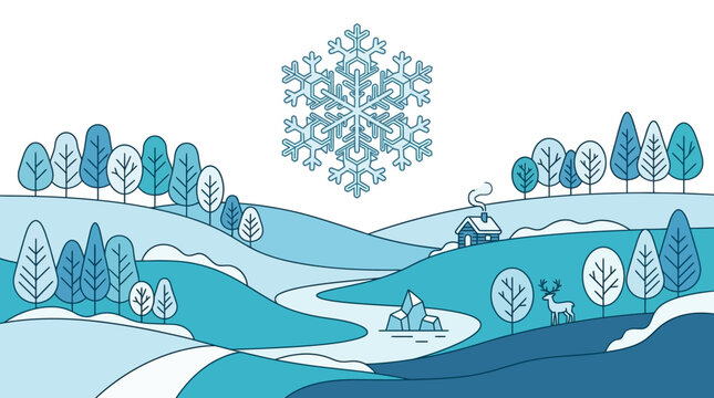 Ilustraci&oacute;n vectorial de un paisaje invernal con un copo de nieve gigante, colinas nevadas, &aacute;rboles estilizados, una peque&ntilde;a caba&ntilde;a con humo y un ciervo en un entorno sereno y minimalista.