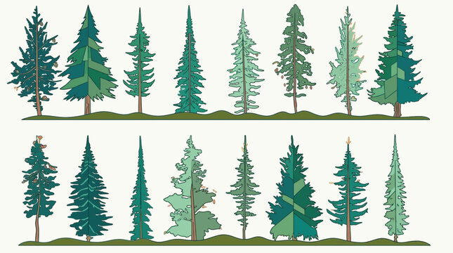 Eine Sammlung von verschiedenen Nadelb&auml;umen und Tannen in einer flachen, illustrierten Vektorgrafik, die eine vielf&auml;ltige Auswahl an Wald- und Baumarten f&uuml;r Designprojekte darstellt.