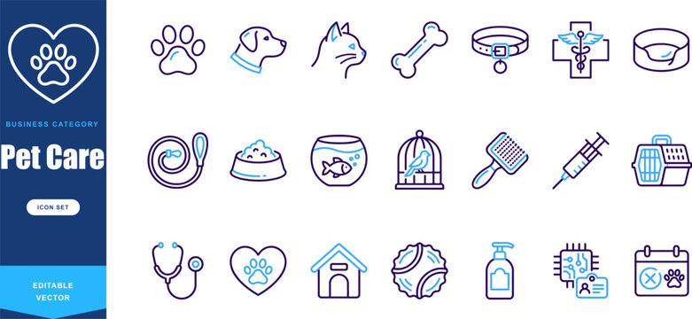 Pet care and veterinary line icon set, dog cat and domestic animal vectors