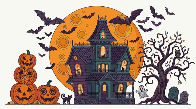 Gruselige Villa mit K&uuml;rbissen, Flederm&auml;usen und Geistern vor einem gro&szlig;en Vollmond, typisch f&uuml;r Halloween.