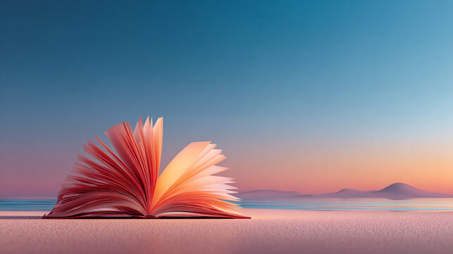 Abstract colorful open book with pages fanned out on a reflective surface under a vibrant sky