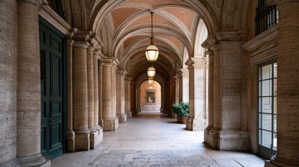 Fototapeta premium Elegant arched stone corridor with hanging lanterns and large windows in historic building