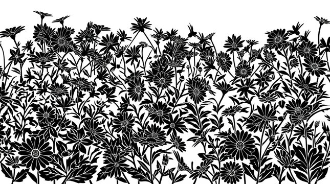 Illustrazione vettoriale in bianco e nero raffigurante un prato fiorito con margherite e fiori di campo, ideale come bordo decorativo o motivo floreale per design grafici.