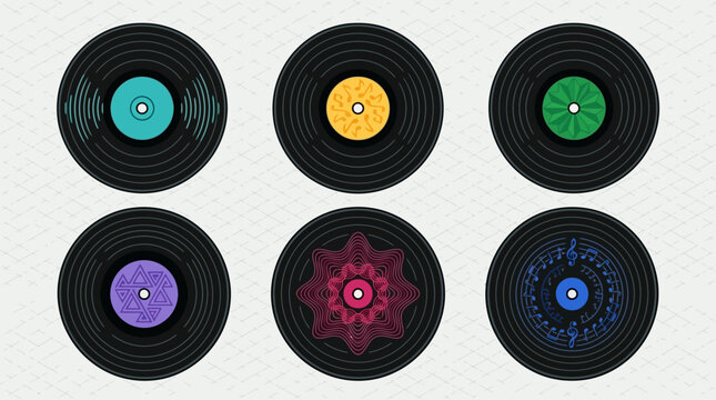 Conjunto de seis discos de vinilo coloridos con dise&ntilde;os abstractos y elementos musicales sobre un fondo gris claro, ideales para proyectos de dise&ntilde;o retro y cultura musical.