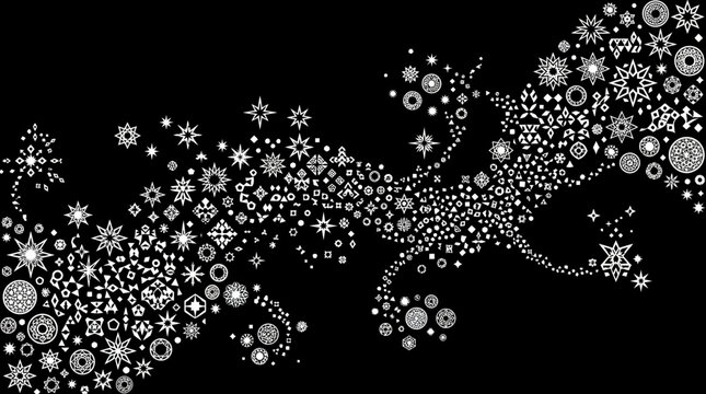 Composizione astratta di fiocchi di neve bianchi e motivi geometrici circolari disposti in un flusso dinamico su uno sfondo nero profondo, ideale per design invernali e festivi.