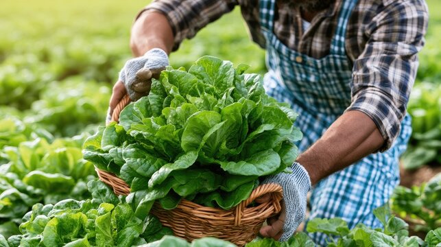 Farmer Harvesting Fresh Lettuce in Greenhouse with Crops and Soil