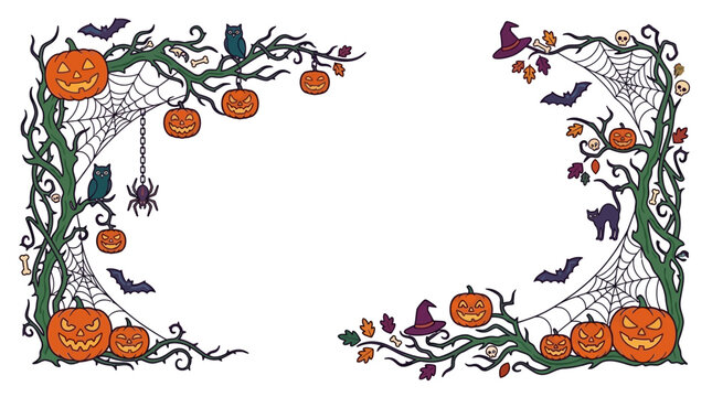 Moldura decorativa de Halloween com ab&oacute;boras esculpidas, teias de aranha, morcegos, corujas e galhos retorcidos em um design ilustrado festivo com espa&ccedil;o central para texto.