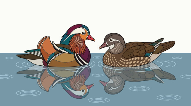 Ilustra&ccedil;&atilde;o vetorial de um casal de patos-mandarim nadando em um lago calmo com reflexos detalhados na &aacute;gua, exibindo plumagem colorida e design art&iacute;stico elegante.